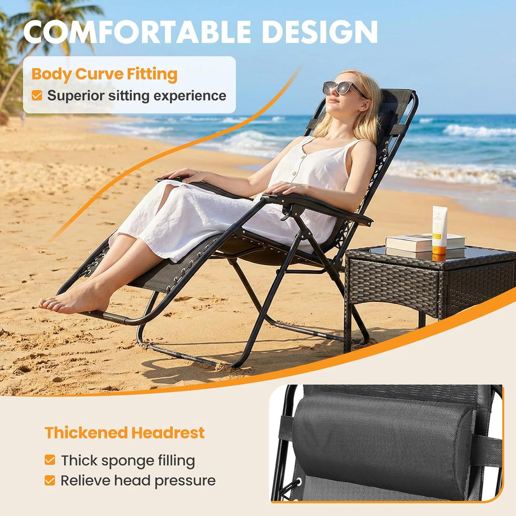 Zero Gravity Chairs Set of 2, Outdoor Lounge Chairs, Black | Folding Reclining Patio Lawn Chairs with Mesh Back, Adjustable Pillows and Cup Holder Trays, for Pool, Beach, Camping
