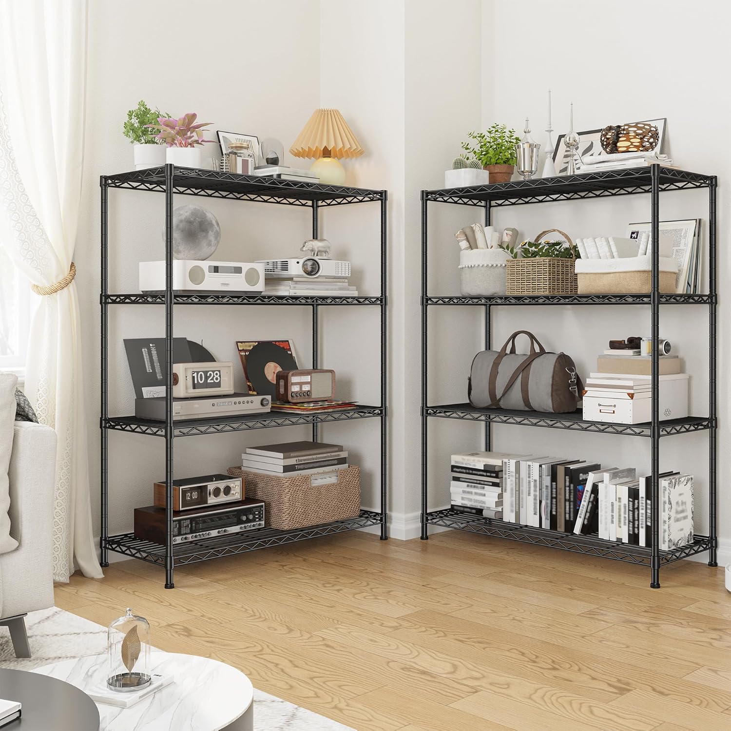 4- Shelf Metal Shelving Unit Adjustable Storage Shelves Heavy Duty Garage Shelving Steel Wire Shelving for Laundry Bathroom Kitchen Pantry Closet Garage Black, 35.6Wx16Dx54H