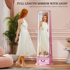 LVSOMT LED Mirror Jewelry Cabinet Standing, 360°Swivel Jewelry Armoire with Full Length Mirror, Mirror with Jewelry Storage and Large Wooden Drawer for Christmas Gifts (Pink)