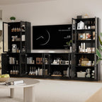 TUSY 71" TV Stand Storage Set - 2 Tall Bookcases & 2 Side Cabinets, Media Console with Glass & Wood Doors, Entertainment Center with Drawers, Tall Media Console for Living Room (Black, ADDA)