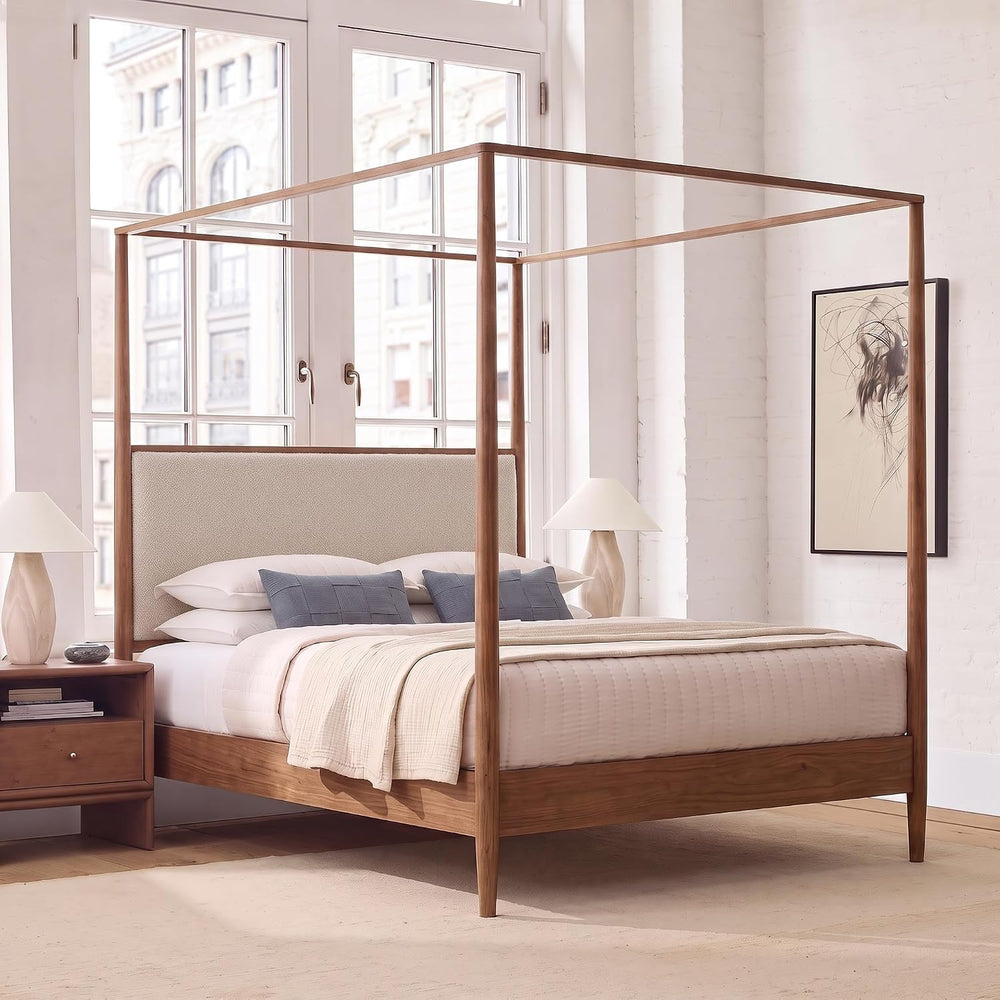 SOFTSEA Queen Size Wood Canopy Bed with Upholstered Headboard, Walnut