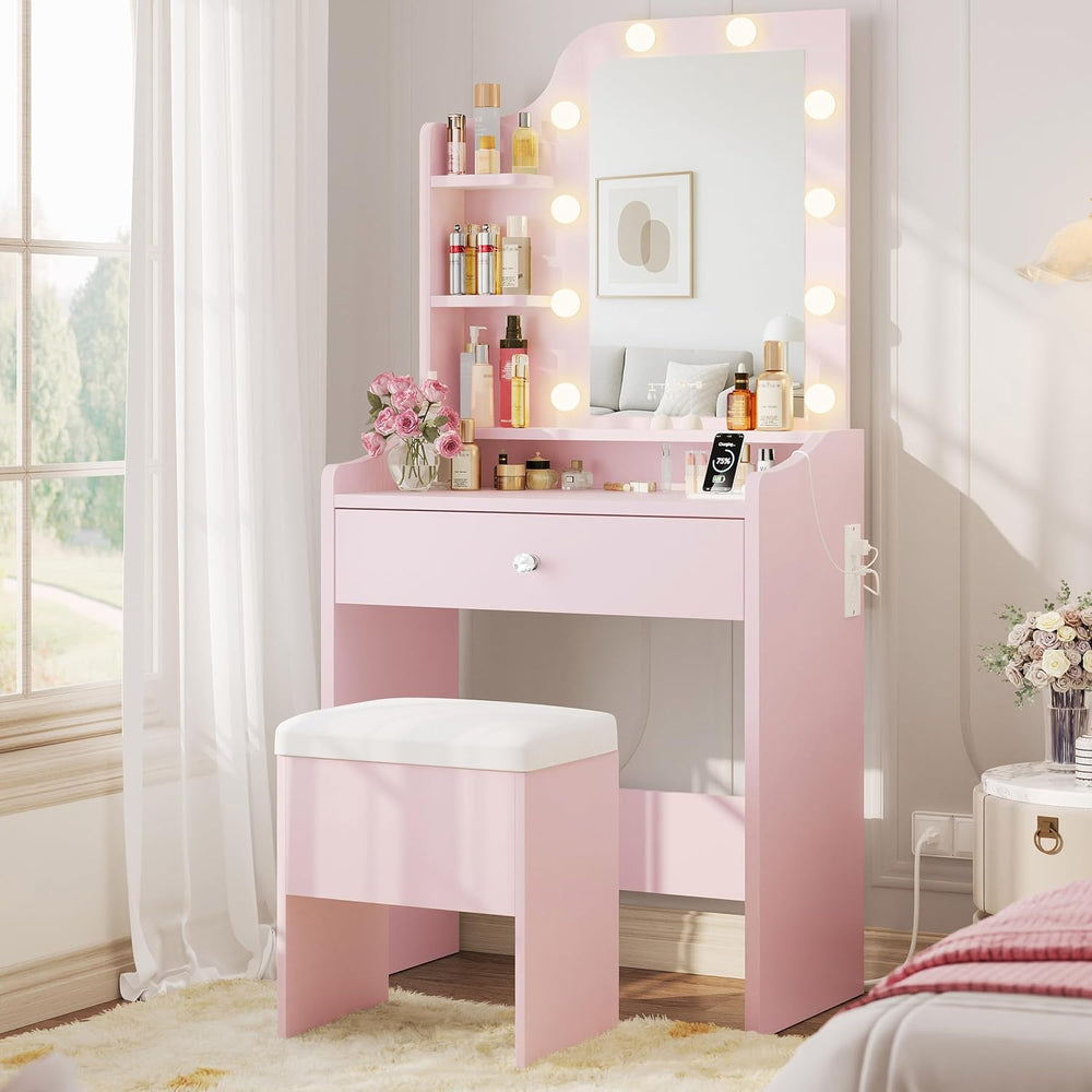 LIKIMIO Small Vanity Desk with Mirror Lights and Storage Stool, Pink | Vanity...