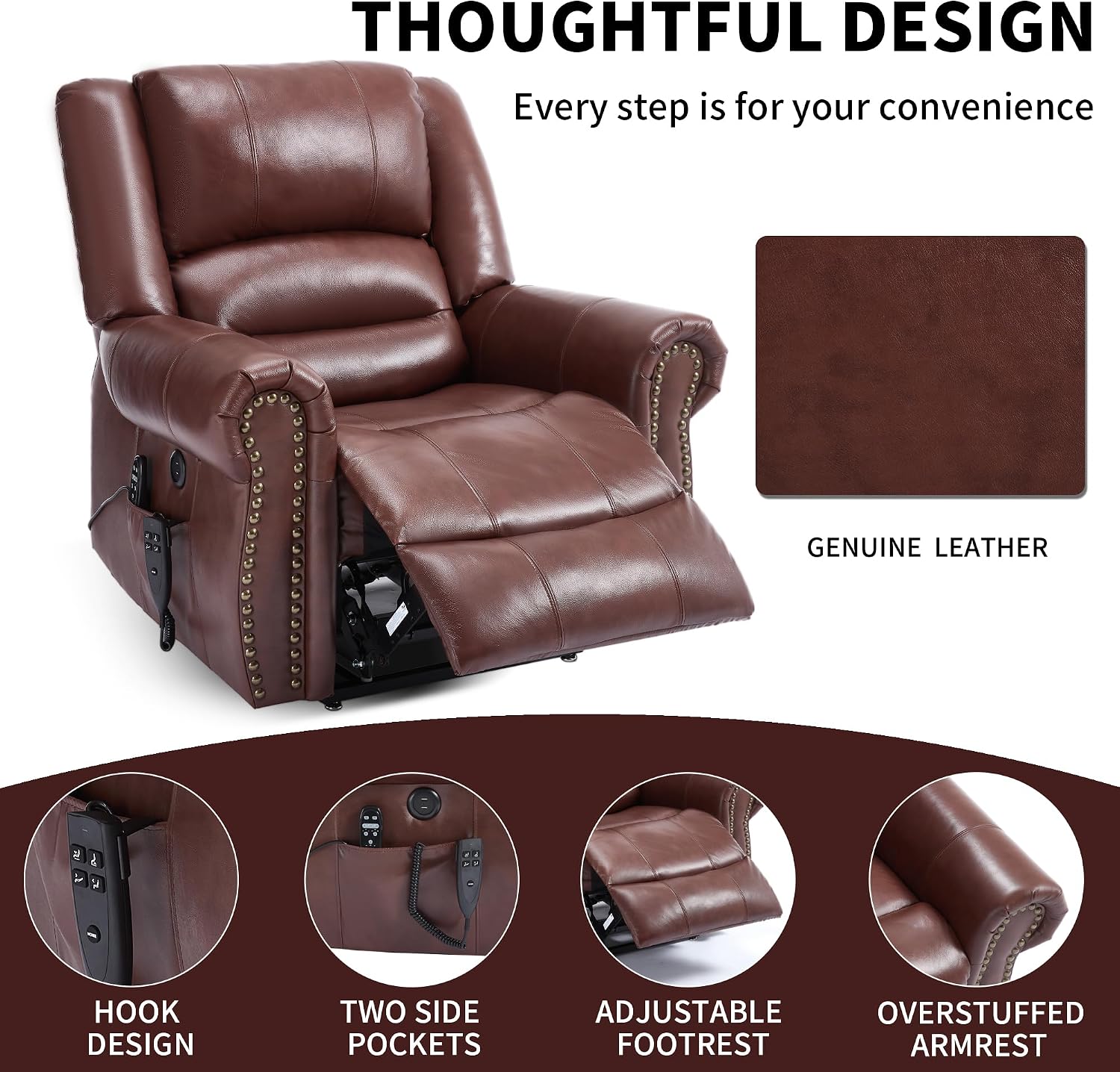 Genuine Leather Power Lift Recliner Chair, Lazy Boy Recliner Chair with Charging Ports for Living Room Theater Seating, Electric Single Sofa with Round Armrest, Red