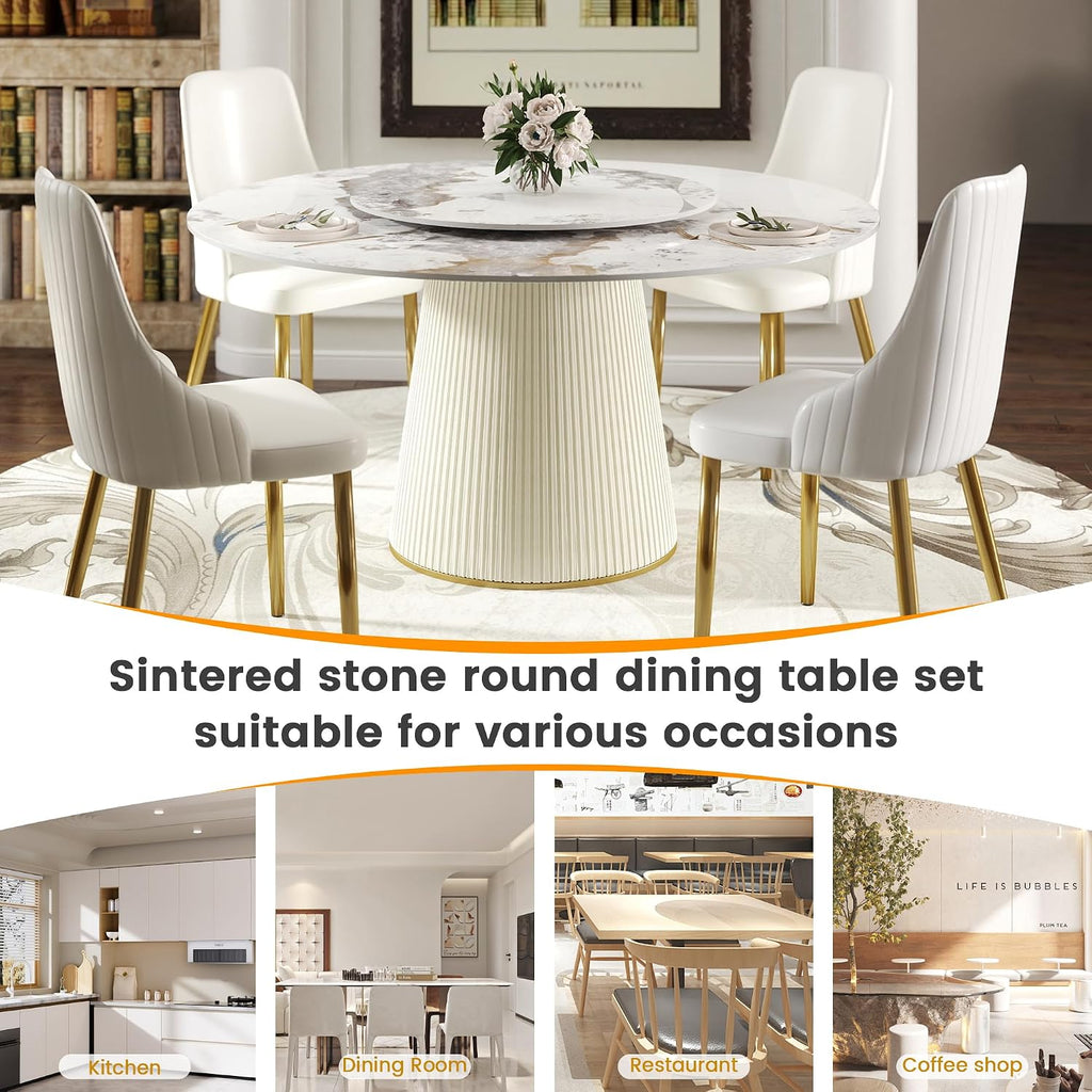 59" Round Dining Room Table, Faux Marble Dining Table for 8 Person with 31.5" Detachable Lazy Susan, Sintered Stone Dining Table with Carbon Steel Base and Wrapped Cream PU for Home(Only 1 Table)
