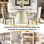 59" Round Dining Room Table, Faux Marble Dining Table for 8 Person with 31.5" Detachable Lazy Susan, Sintered Stone Dining Table with Carbon Steel Base and Wrapped Cream PU for Home(Only 1 Table)