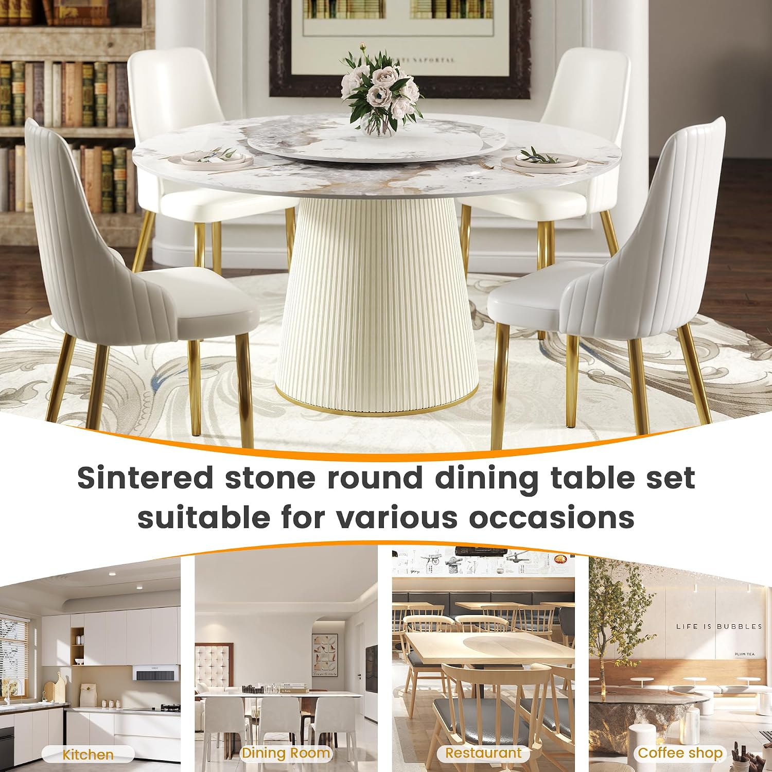 59" Round Dining Room Table, Faux Marble Dining Table for 8 Person with 31.5" Detachable Lazy Susan, Sintered Stone Dining Table with Carbon Steel Base and Wrapped Cream PU for Home(Only 1 Table)