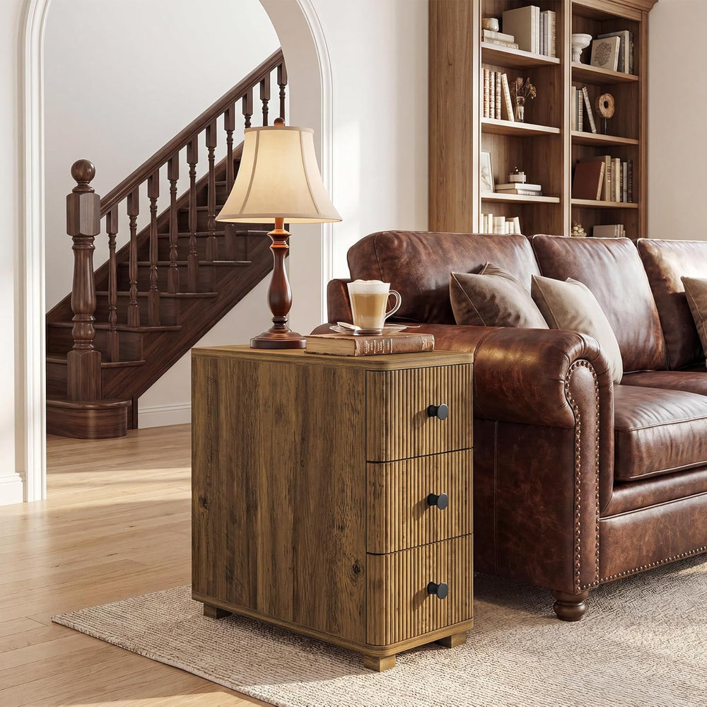 Tribesigns End Table with 3 Drawers, Farmhouse Fluted Narrow Side Table, Wood...