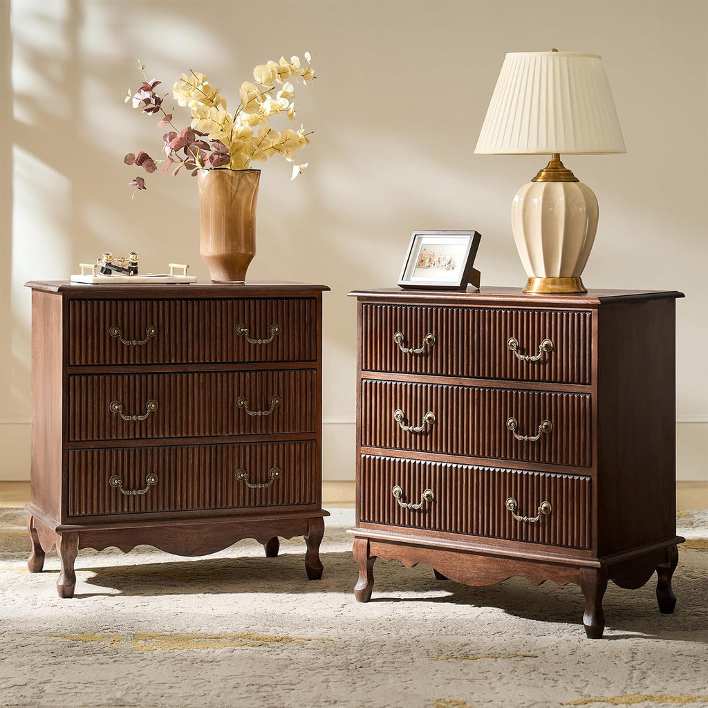 HULALA HOME Transitional Side Table Set of 2 with 3 Drawers and Charging Station, 28" Solid Paulownia Wood Sidetable with Vertical Stripe, Walnut