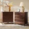 HULALA HOME Transitional Side Table Set of 2 with 3 Drawers and Charging Station, 28" Solid Paulownia Wood Sidetable with Vertical Stripe, Walnut