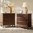 HULALA HOME Transitional Side Table Set of 2 with 3 Drawers and Charging Station, 28" Solid Paulownia Wood Sidetable with Vertical Stripe, Walnut