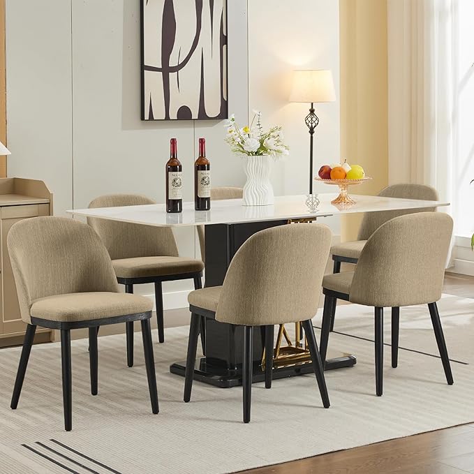 Upholstered Dining Chairs Set of 6,Modern Fabric Dinner Chairs with Wood Legs, Large Dining Room Kitchen Chairs with High Back and Deep Seat for Dining Room Kitchen Restaurant, Camel