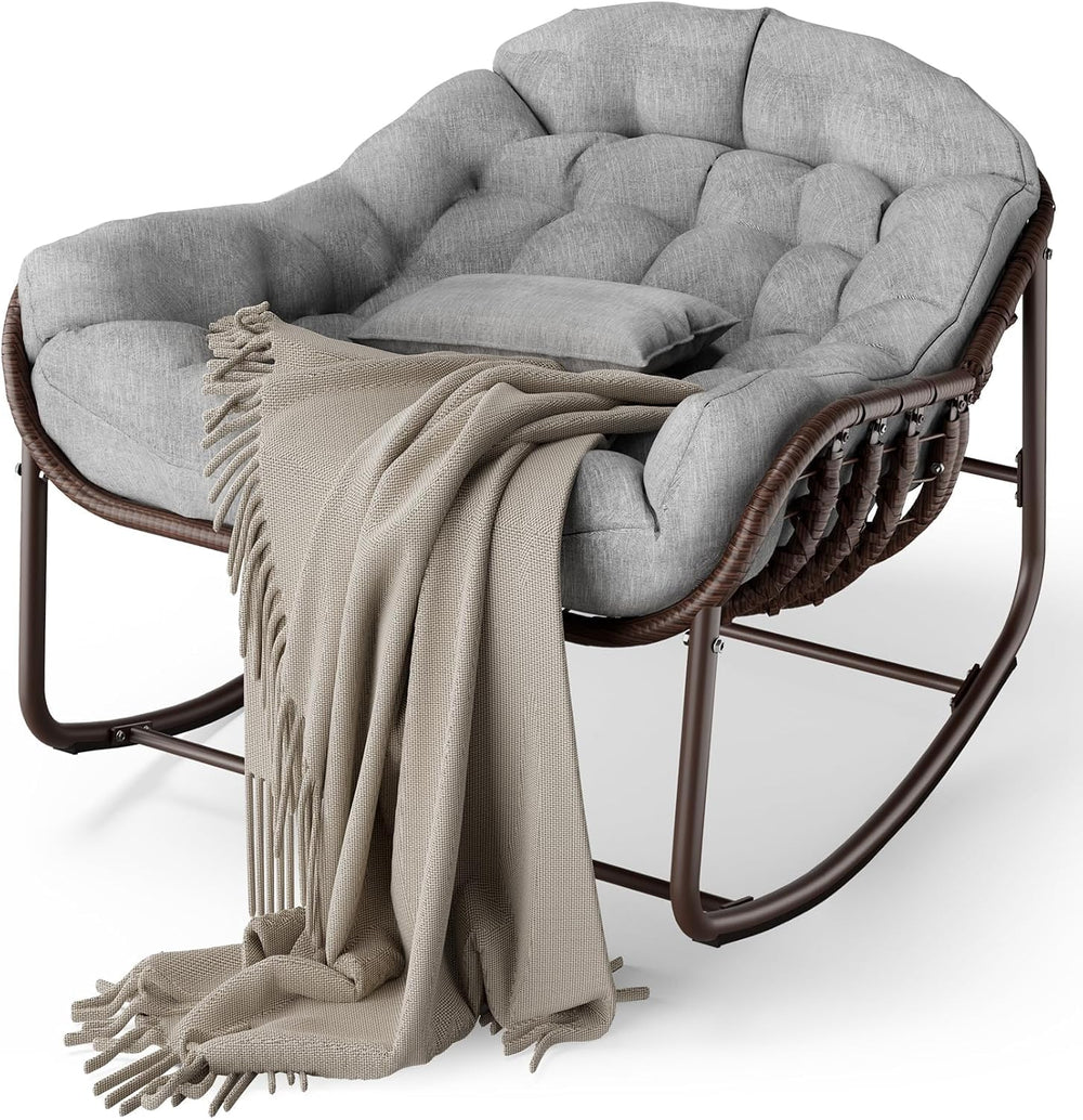Oversized Papasan Rocking Lounge Chair with Neck Pillow, Hand Woven Rattan Ro...