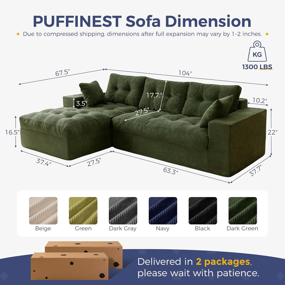 MAXYOYO Couch, 104-Inch L-Shaped Cloud Couch with Ottoman | Dark Green Uphols...