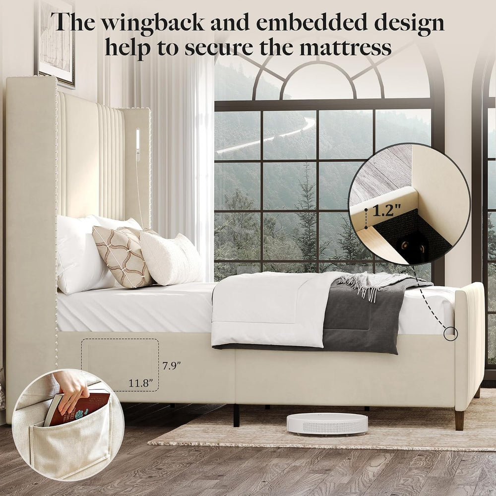 Belffin 59" Tall Queen Size Platform Bed Frame with 2 Touch Lights, Beige