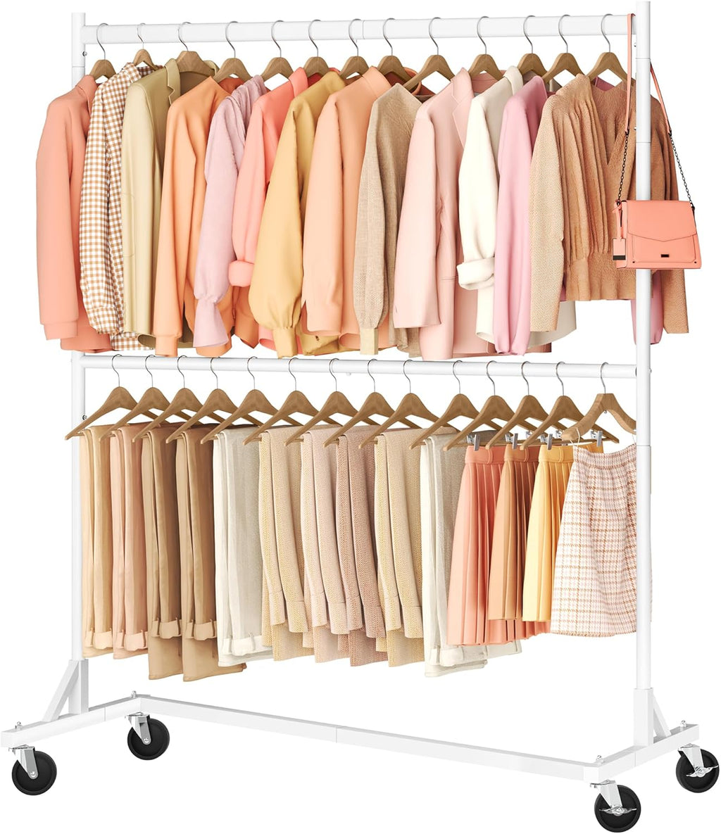 Hoctieon Double Rod Clothes Racks with Z-Base, Adjustable Clothing Rack, Standing Clothes Rack, Metal Clothing Racks for Hanging Clothes, Rolling Garment Rack, White