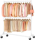 Hoctieon Double Rod Clothes Racks with Z-Base, Adjustable Clothing Rack, Standing Clothes Rack, Metal Clothing Racks for Hanging Clothes, Rolling Garment Rack, White