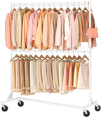 Hoctieon Double Rod Clothes Racks with Z-Base, Adjustable Clothing Rack, Standing Clothes Rack, Metal Clothing Racks for Hanging Clothes, Rolling Garment Rack, White