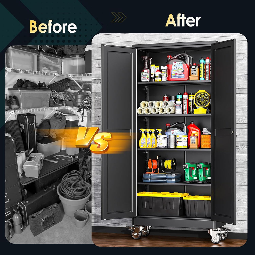 PAOFIN 71''H Tall Metal Garage Storage Cabinet with Wheels,Steel File...