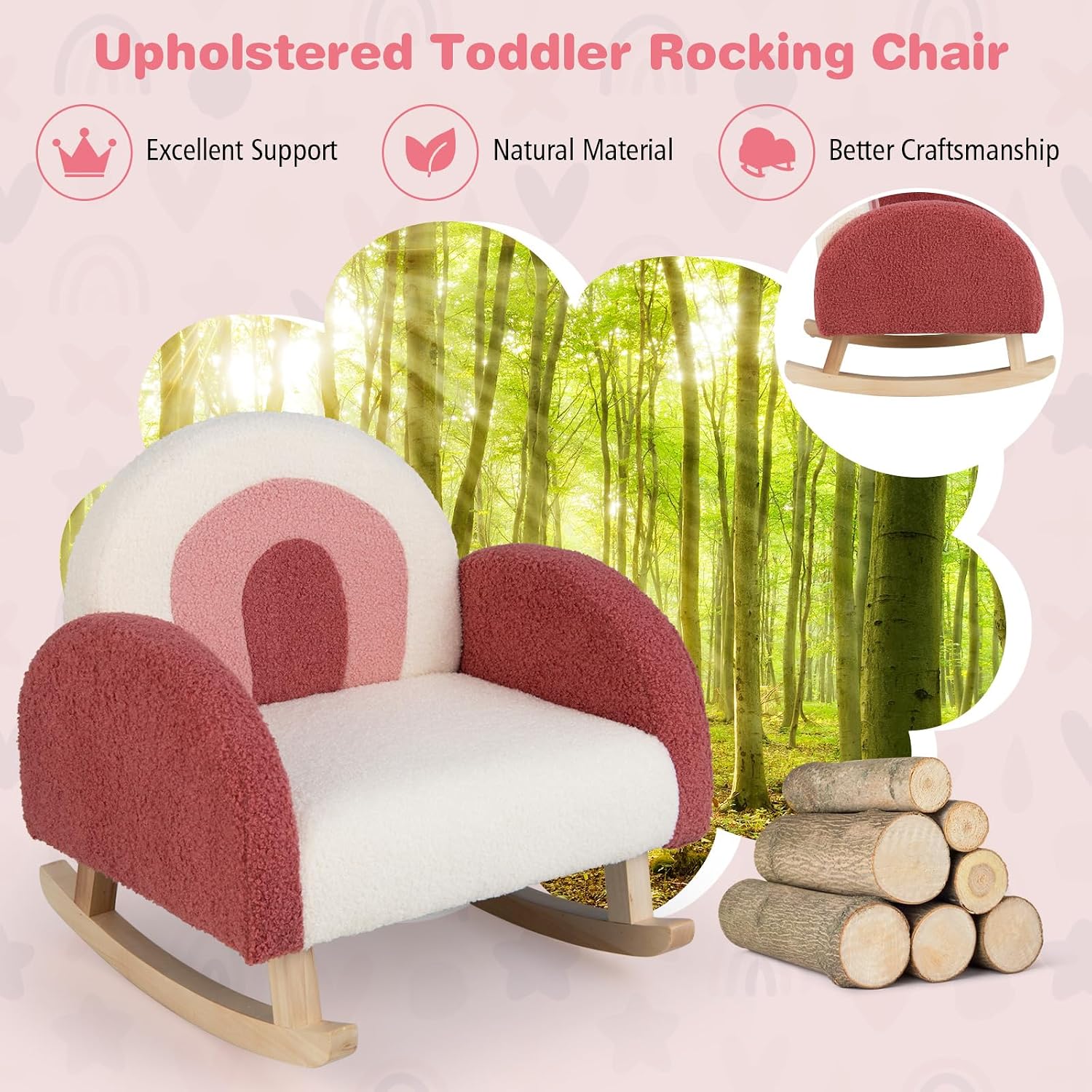 Honey Joy Toddler Rocking Chair, Kids Rocker with Solid Wood Frame & Plush Fabric, Anti-Tipping Design, Toddler Couch for Kids Room, Playroom, Nursery, Bedroom (Red)