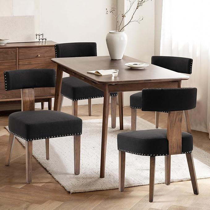 Upholstered Wooden Farmhouse Dining Chairs Set of 4, Mid-Century Modern Fabric Dining Room Chairs with Wood Legs, Curved Backrest Kitchen Armless Accent Chairs for Living Room, Black