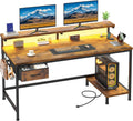 39.3Inch Office Desk with Power Outlet & Drawer, Gaming Desk with CPU Stand& LED Lights,Computer Desk with Ergonomic Monitor Stand for Small Space,Rustic Brown