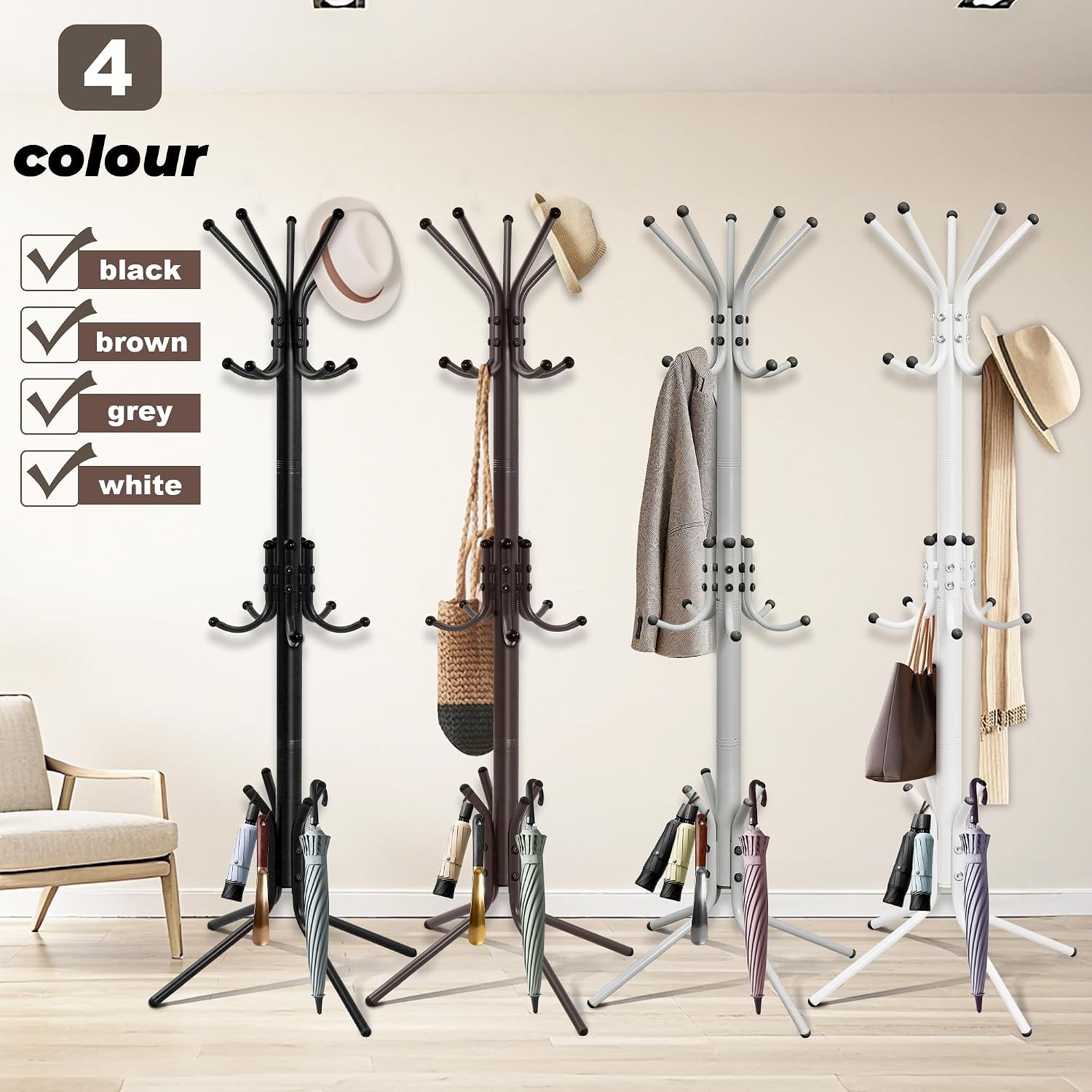 Metal Coat Rack, Freestanding Coat Tree & Hall Tree with 15 Hooks, Sturdy Coat Rack Stand and Hat Rack, Coat Hanger for Entryway, Bedroom, Office for Jackets, Hats, Bags,White