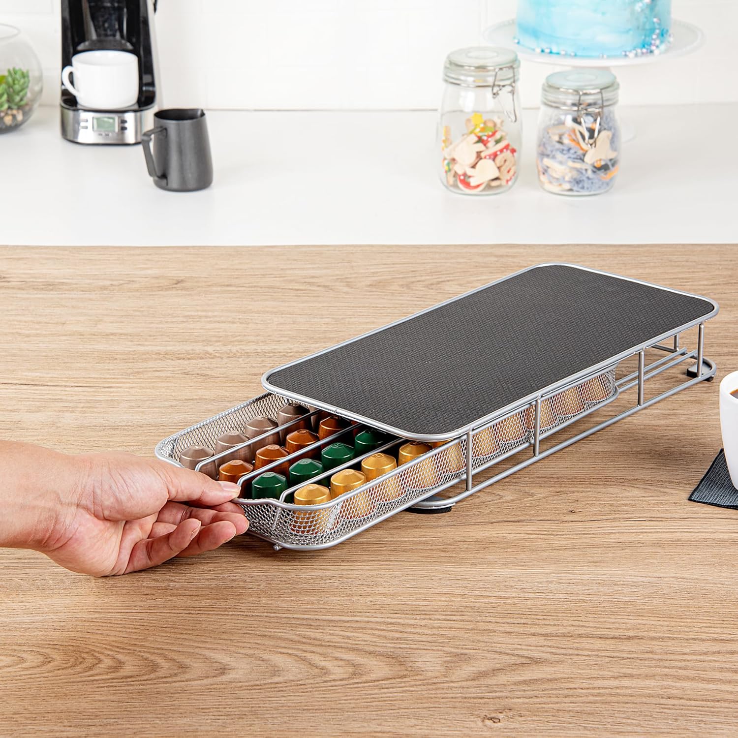 Restaurantware Restpresso 14.8 x 7.3 x 2.4 Inch Coffee Capsule Drawer 1 Heavy-Duty Pod Drawer - Holds 40 Nespresso Capsules Grip Top Iron Espresso Pod Organizer Mesh Tray Pods Not Included