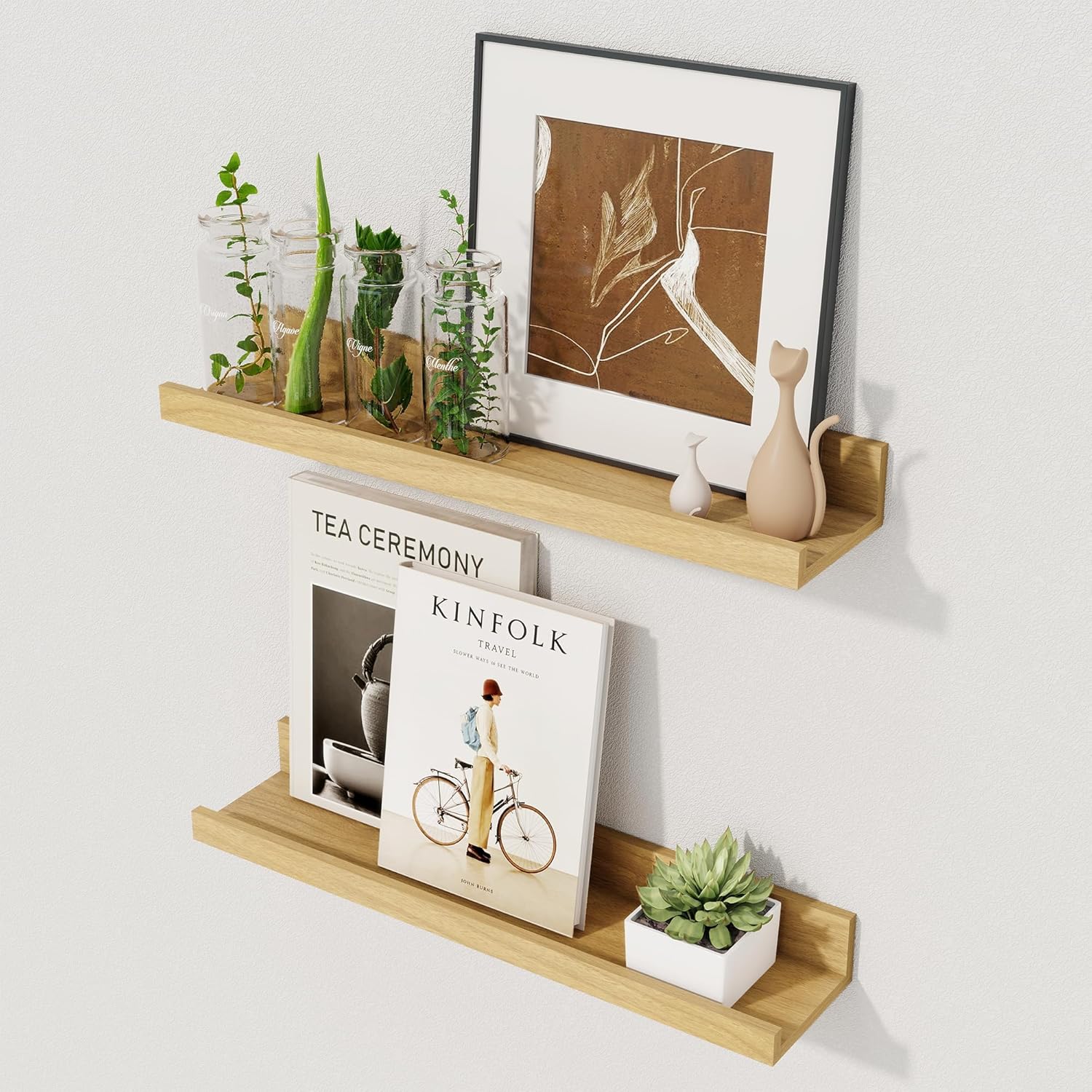 Axeman Floating Shelves for Wall | Picture Ledge Shelf Set of 2 | Rustic Oak Picture Shelf for Wall with Ledge | Small Floating Shelves with Lip | Photo Ledge Shelves for Books Album Records