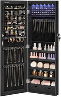 SONGMICS Hanging Jewelry Cabinet, Wall-Mounted Cabinet with LED Interior Lights, Door-Mounted Jewelry Organizer, Full-Length Mirror, Christmas Gift Idea, Ink Black UJJC099B01