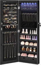 SONGMICS Hanging Jewelry Cabinet, Wall-Mounted Cabinet with LED Interior Lights, Door-Mounted Jewelry Organizer, Full-Length Mirror, Christmas Gift Idea, Ink Black UJJC099B01