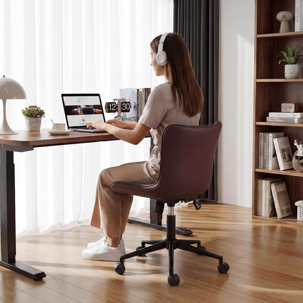 YOUNIKE Office Chair Armless Faux Leather Desk Chair, Brown | Home Office Com...