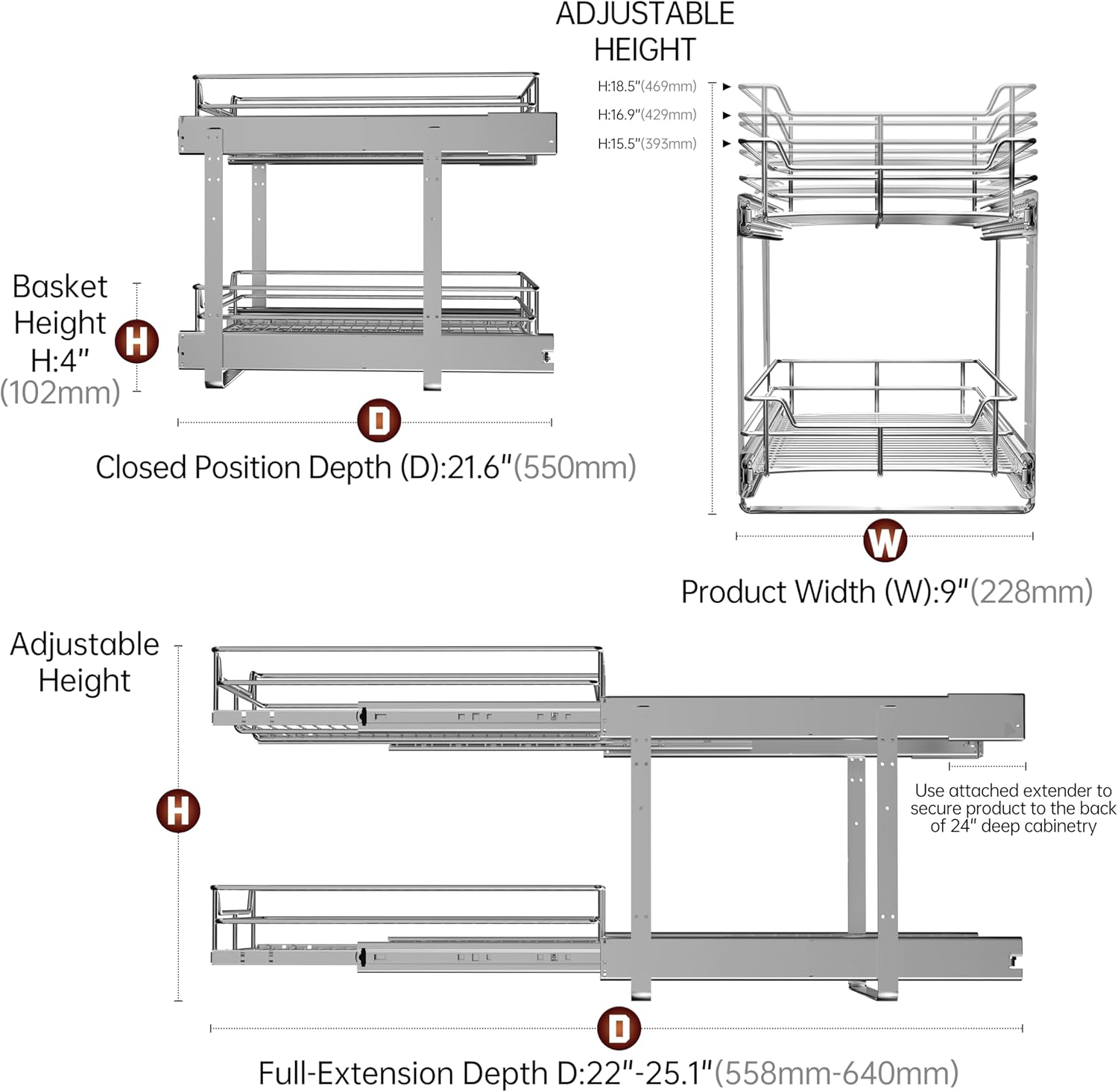 2-Tier Individual Cabinet Pull Out Shelves (9" W x 22" D), Slide Out Kitchen Panty Narrow Cabinet Storage Sliding Shelves