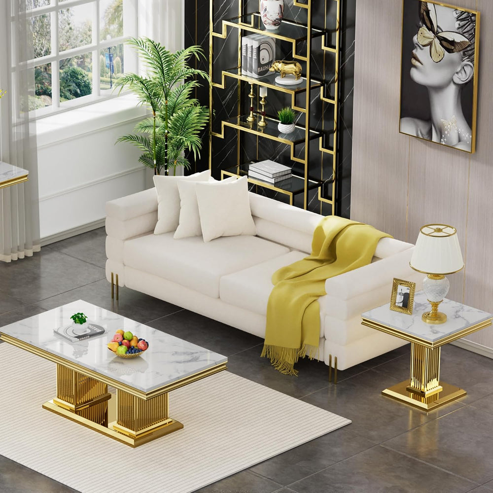 Luxury Marble Coffee Table Set of 2, Modern Coffee Table with Side End Table,...