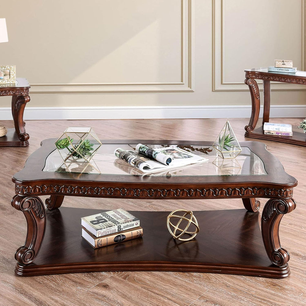 Style Coffee Table 5mm Tempered Glass Top Legs Carved Dark Oak End Table Not ...