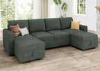 HONBAY Modular Sectional Sleeper Sofa Bed, Corduroy Pull Out Couch with Storage Ottoman, U Shaped Sectional Couches for Living Room, Green