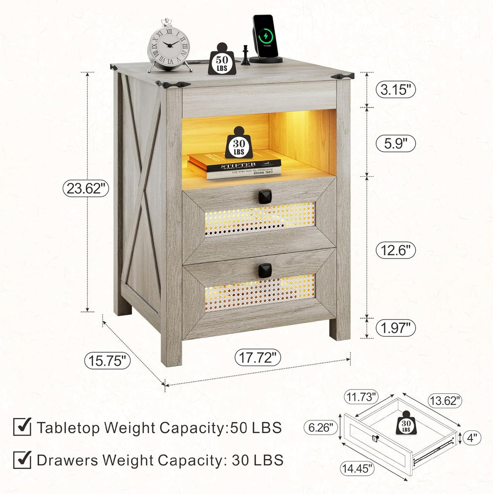 Night Stand with Gun Drawer, Bedside Table with Charger Station & LED Hum...