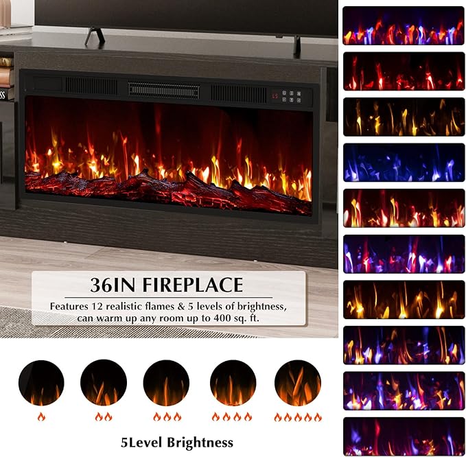Lemberi Fireplace tv Stand with 36 inch Fireplace Up to 80" TVs,LED Light Entertainment Center and Storage, 70" Modern Wood Media TV Console with Highlight Cabinet for Living Room (Black)