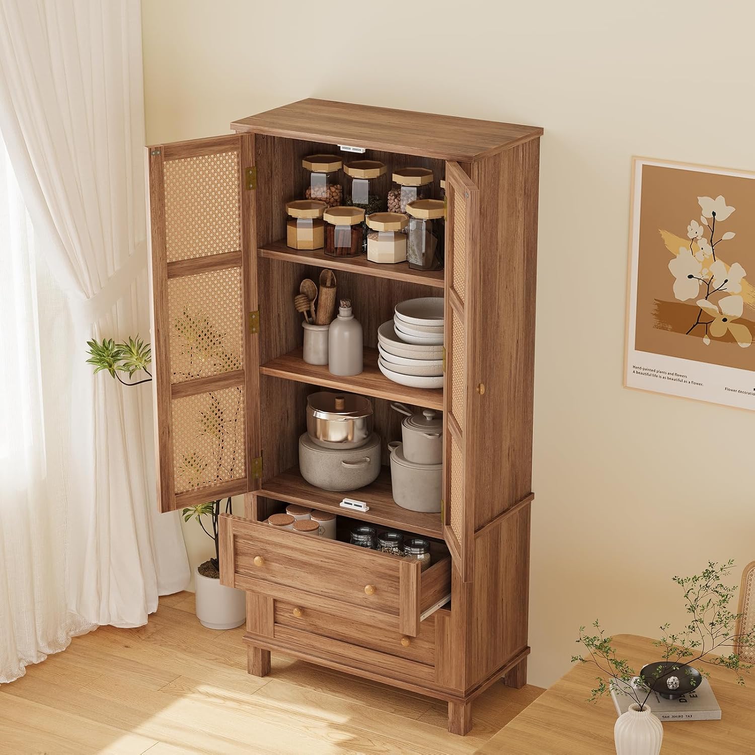 Kitchen Pantry Storage Cabinet, Kitchen Storage Cabinets with Rattan Doors and 2 Drawers, Pantry Cabinet with Adjustable Shelf, Adjustable Shelves for Dining Living Room