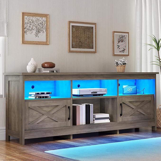 YITAHOME TV Stand for 80/75/70 Inch TVs, Farmhouse Entertainment Center with LED Lights & Storage Cabinets, Open Shelves & Adjustable Shelf, TV Consoles for Living Room, Washed Gray