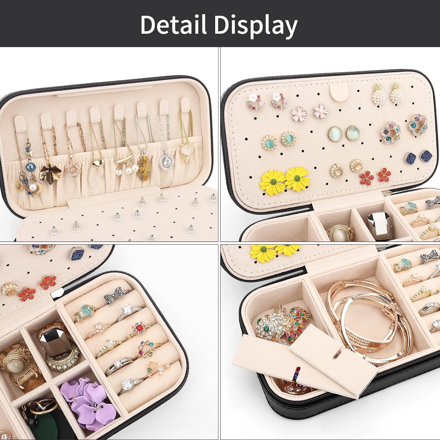 DesignSter Travel Jewelry Box, PU Leather Portable Jewelry Case, Small Jewelry Boxes for Gifts, Travel Jewelry Organizer for Women Rings Earrings Necklaces Bracelets (Black)