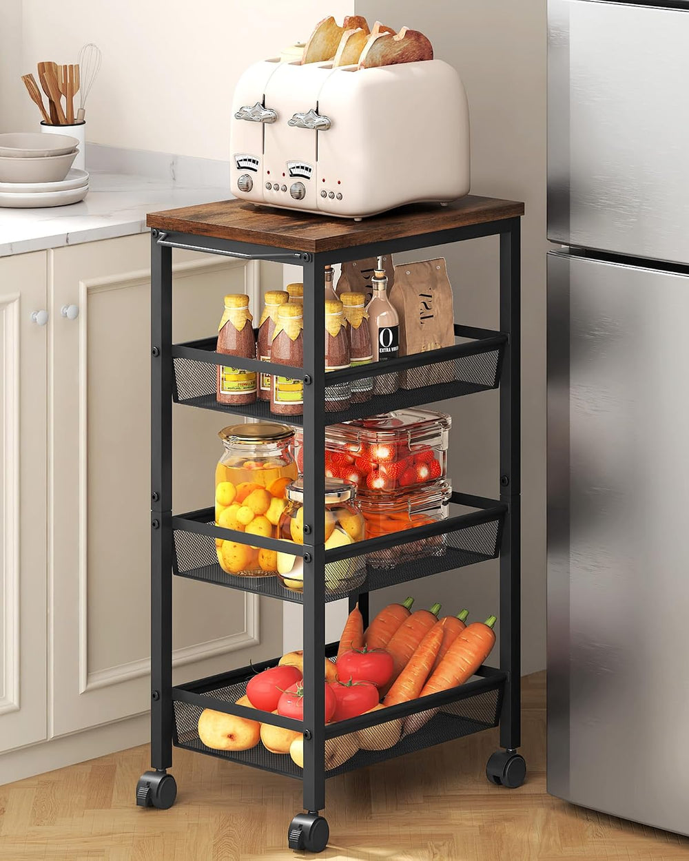 Hoctieon Rolling Storage Cart, 4-Tier 11.8" Wide Panel Kitchen Storage C...