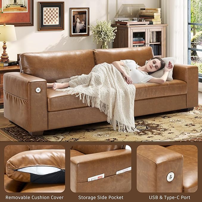 Hanherry Faux Leather 89" Sofa for Living Room, Modern Comfy Sofa with Medium Firm Seat Cushion, Removable Cover,Wide Armrest,USB/Type-C Port,Couches for Small Space,Apartment