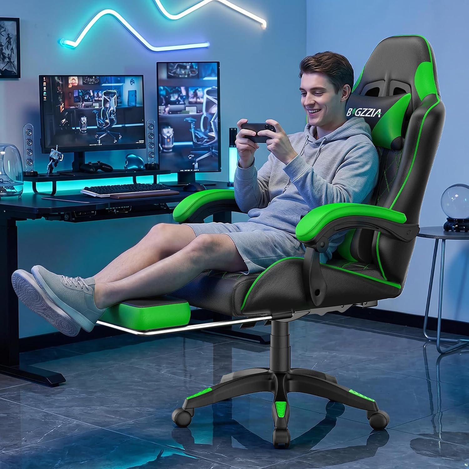 Bigzzia Gaming Chair with Footrest, Ergonomic Computer Game Chair with 20'' Wide Seat, Adjustable Lumbar Support, Headrest, 90°-135° Reclining Gaming Chairs for Adults, Black Green