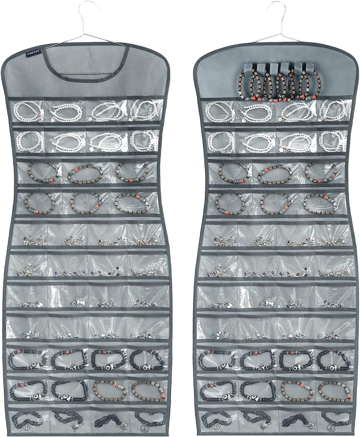 Hanging Jewelry Organizer Dual Sided 84 Clear Pockets and 6 Hook Loops Storage for Holding Jewelries Hair Accessories Dress Shaped Earring Holder (84 Pockets and 6 Hook Loops -Grey)