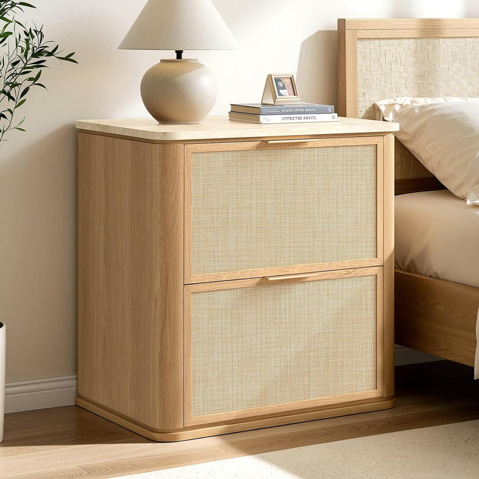 NightStand Set of 2, 23.11" W Rattan Nightstand with 2 Drawers, Faux Marble Top Bedside Table, Boho Mid Century End Table for Bedroom Living Room Sofa Office, Natural Oak [FSC Certified]