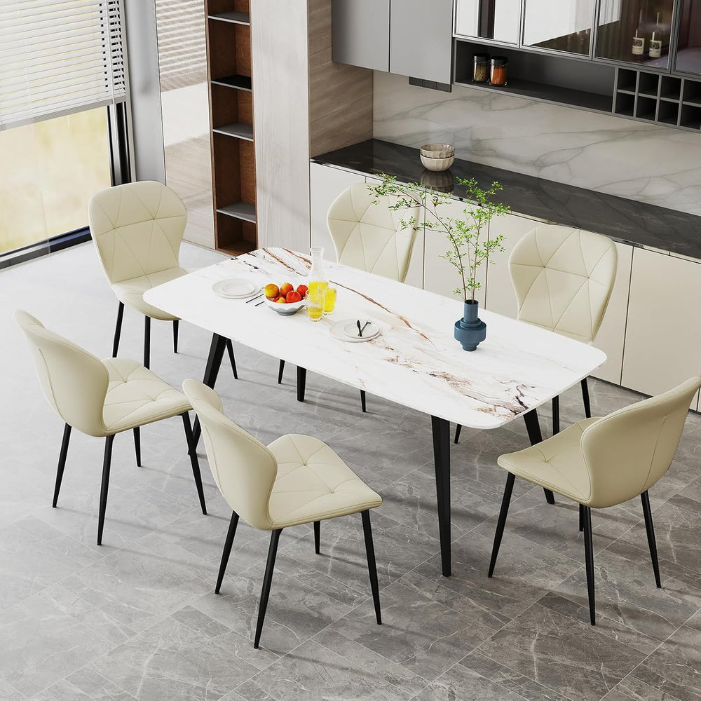 Diamond Dining Chairs Set of 4 PU Leather for Kitchen (Khaki) | Elegant rhomb...