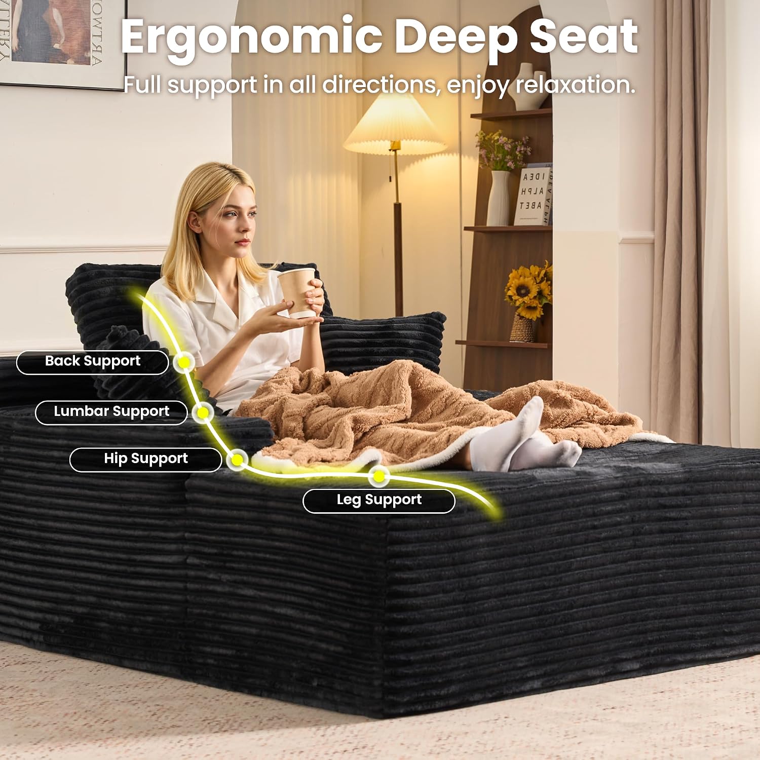 ovios 67'' Chaise Lounge Chair Indoor, Oversized Upholstered Boneless Sofa Bed with Cup Holders, Deep Seat Sleeper Couch, Plush Cloud Sofas Couches for Living Room (Faux Fur, Black)