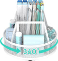 YINGHUA Metal Mesh Desk Organizer with 5 Compartments and Rotating Pencil Holder Pen and Stationery Organizer for Office Home School Anti Slip Base White