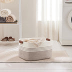 45L Small Laundry Basket with Leather Handles for Living Room Storage, Woven Rope Baskets Bin for Blanket, Kids Toy, Gifts, Wicker Hamper for Bedroom Dirty Clothes, 18"x14"x11" White Brown