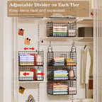 Sonyabecca 3-Tier Extra Large Closet Hanging Organizer with Dividers, Clothes Hanging Shelves with 2 Hanging Hooks & 5 S-Hooks, Wire Storage Baskets for Sweaters, Shoes, Handbags & Accessories